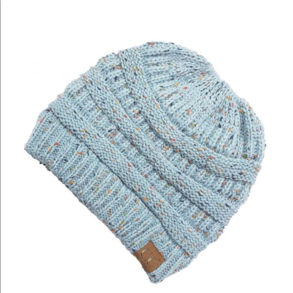 Pale Blue C.C Messy Bun Beanie With Confetti New - Picture 3 of 5